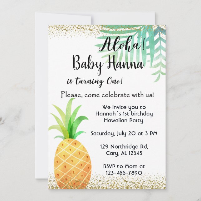 Aloha, hawaiian birthday party invite, pineapple. invitation (Front)