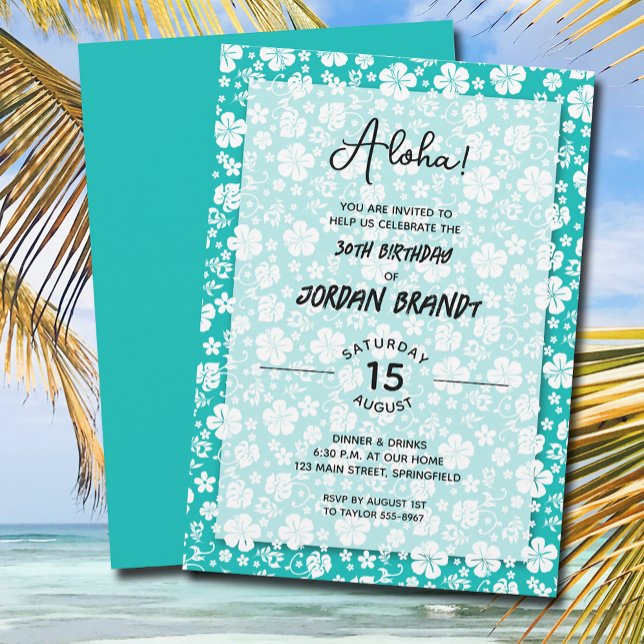 Aloha Hawaiian Floral Aqua Birthday Party Invitation (Creator Uploaded)