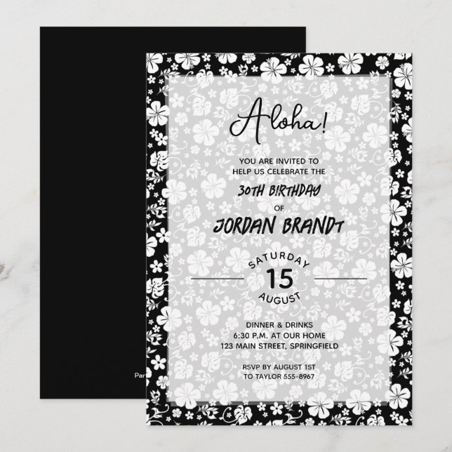 Aloha Hawaiian Floral Black and White Birthday Invitation (Front/Back)