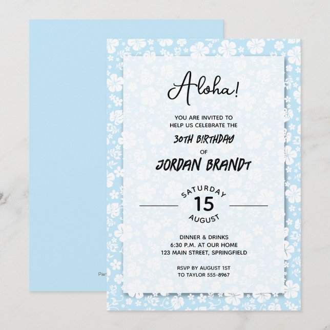 Aloha Hawaiian Floral Blue Birthday Party Invitation (Front/Back)