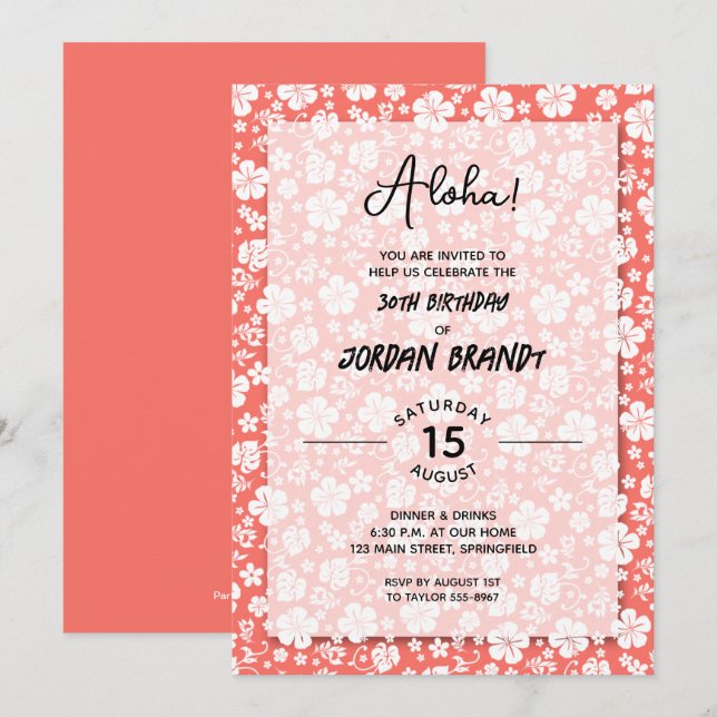 Aloha Hawaiian Floral Coral Birthday Party Invitation (Front/Back)