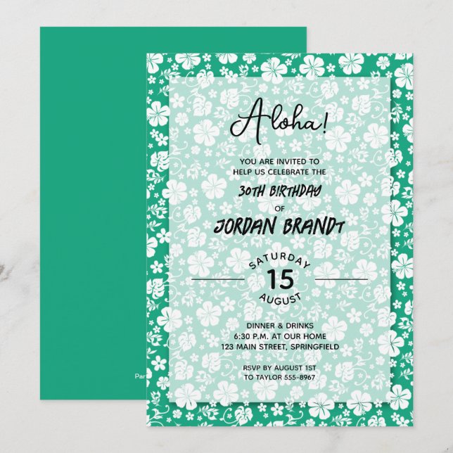 Aloha Hawaiian Floral Green Birthday Party Invitation (Front/Back)