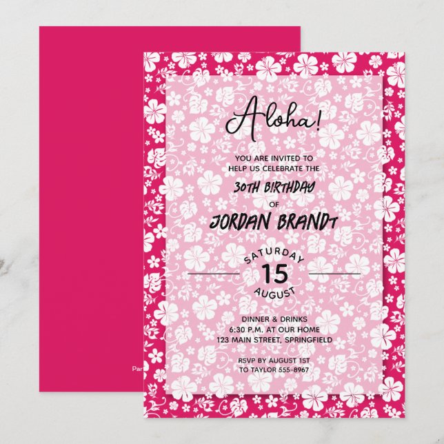 Aloha Hawaiian Floral Hot Pink Birthday Party Invitation (Front/Back)
