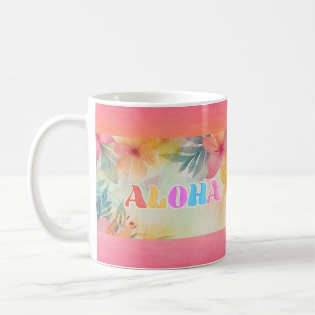 Aloha Hawaiian Floral Watercolor  Coffee Mug (Left)