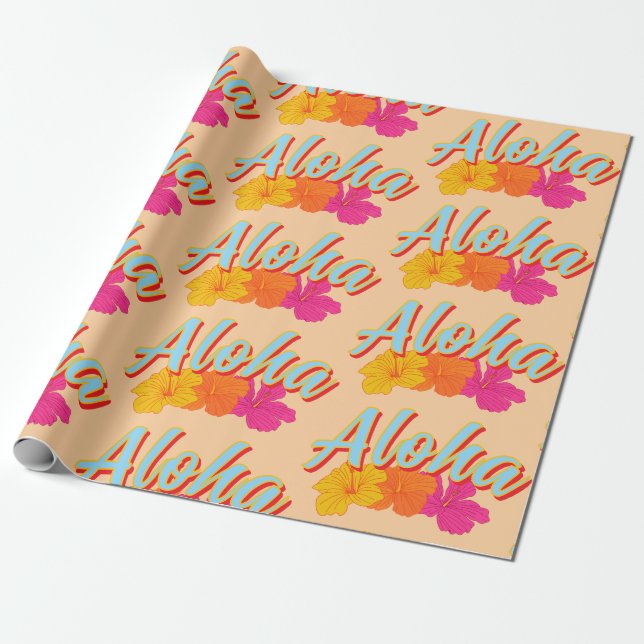 Aloha Hawaiian Hibiscus Flowers Vintage Wrapping Paper (Unrolled)