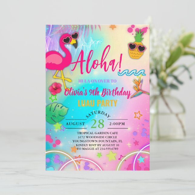 Aloha hawaiian hula on over tropical girl birthday invitation (Standing Front)