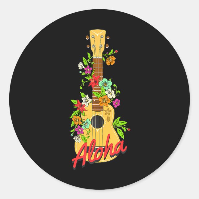 Aloha Hawaiian Island Ukulele Flowers Aloha Classic Round Sticker (Front)