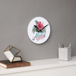 Aloha Hawaiian Islands Hawaii Hibiscus Flower Round Clock