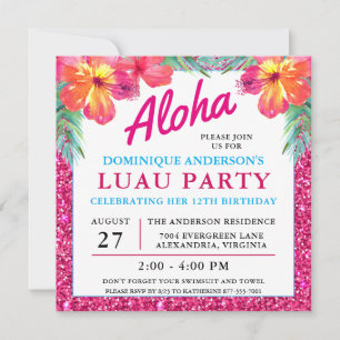 Aloha Hawaiian Luau Hibiscus Pink Glitter