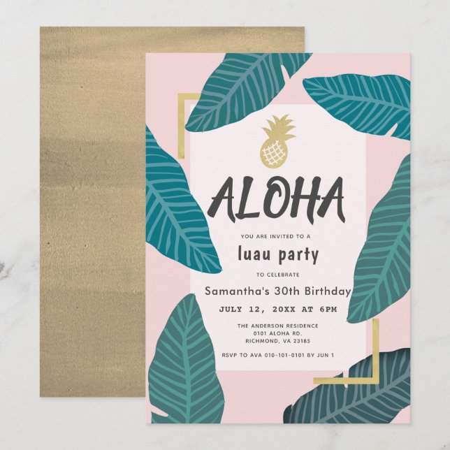 Aloha Hawaiian Luau Pineapple Pink Adult Birthday Invitation (Front/Back)