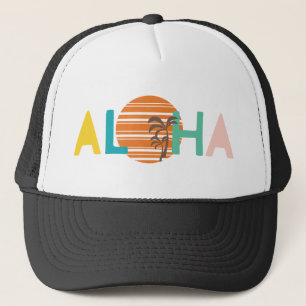 "Aloha" Hawaiian Multicolor Beach Sunset Palm Tree Trucker Hat