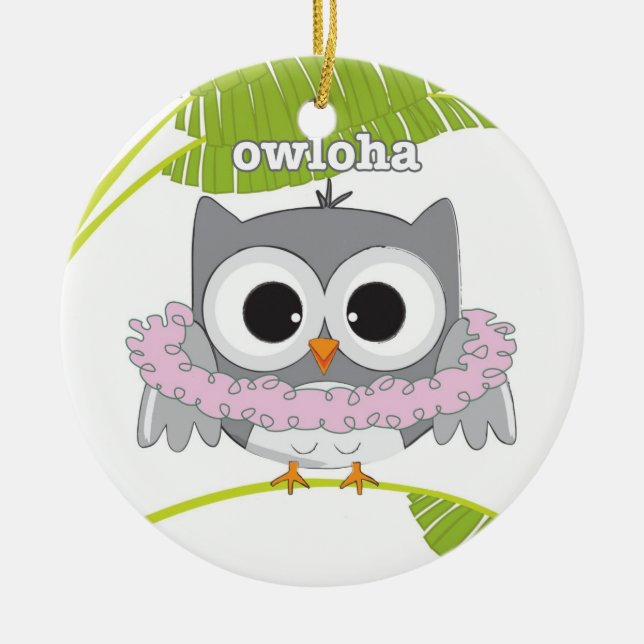 Aloha Hawaiian Owl Ceramic Tree Decoration (Front)