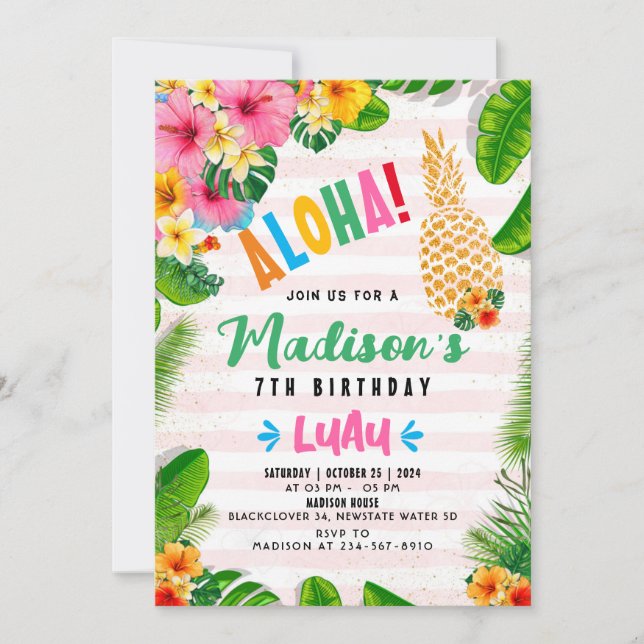 Aloha Hawaiian Pineapple Birthday Party Invitation (Front)