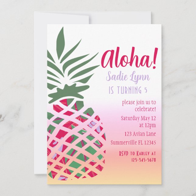 Aloha Hawaiian Pineapple Girls Birthday Invitation (Front)