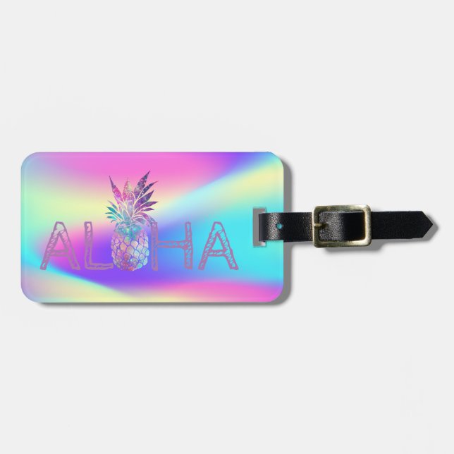 Aloha Hawaiian Pineapple Holographic Luggage Tag (Front Horizontal)