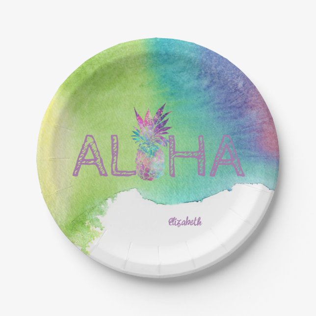 Aloha Hawaiian Pineapple, Watercolor Splash Paper Plate (Front)