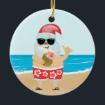Aloha Hawaiian Santa Tropical Beach Christmas Ceramic Tree Decoration<br><div class="desc">Christmas holiday ornament features a cute Santa on a tropical beach wearing red and white Hawaiian print shorts with a hibiscus pattern,  sipping from a pineapple and flashing the Aloha sign. Original artwork KL Stock</div>