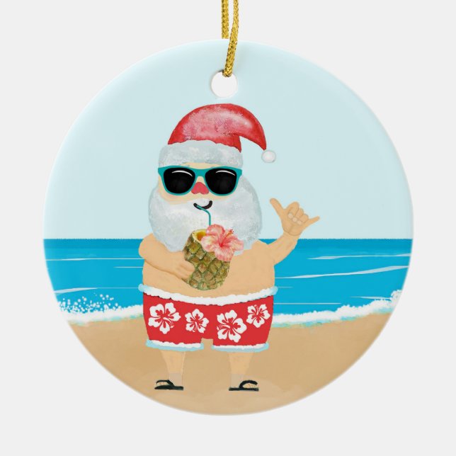 Aloha Hawaiian Santa Tropical Beach Christmas Ceramic Tree Decoration (Front)