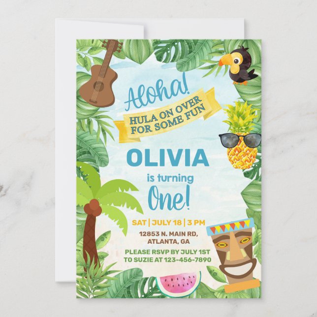 Aloha hawaiian tropical beach boy birthday invite (Front)