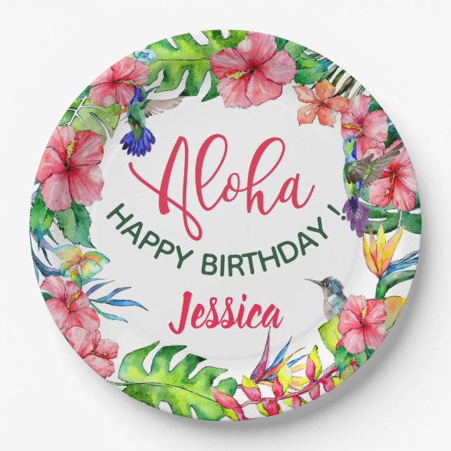 Aloha Hawaiian Tropical Hibiscus Birthday Party Paper Plate (Front)
