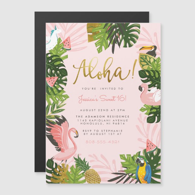 Aloha! | Hawaiian Tropical Summer Flamingo Party Magnetic Invitation (Front/Back)