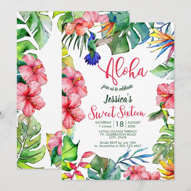 Aloha Hawaiian Tropical Sweet Sixteen Invitation (Front/Back)