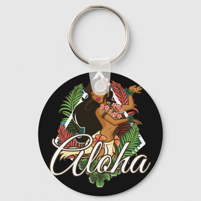 Aloha Hawaiian with Hibiscus Flowers and Leaves Key Ring (Front)