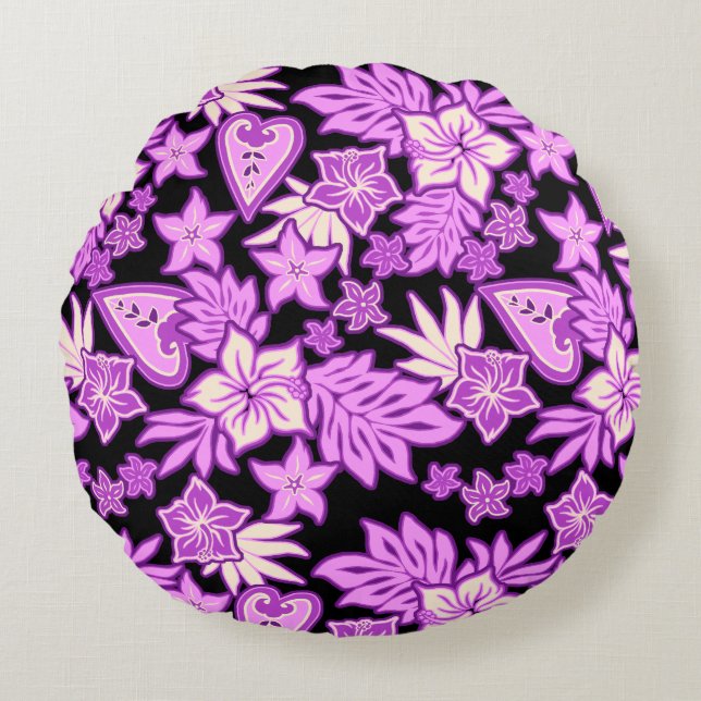 Aloha Heart Hawaiian Hibiscus Tropical Round Cushion (Front)