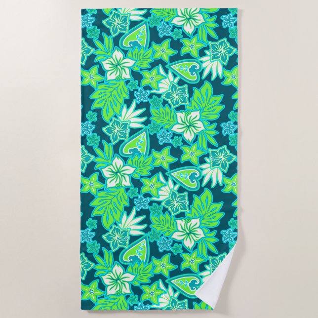 Aloha Heart Hawaiian Hibiscus Tropical- Teal Beach Towel (Front)