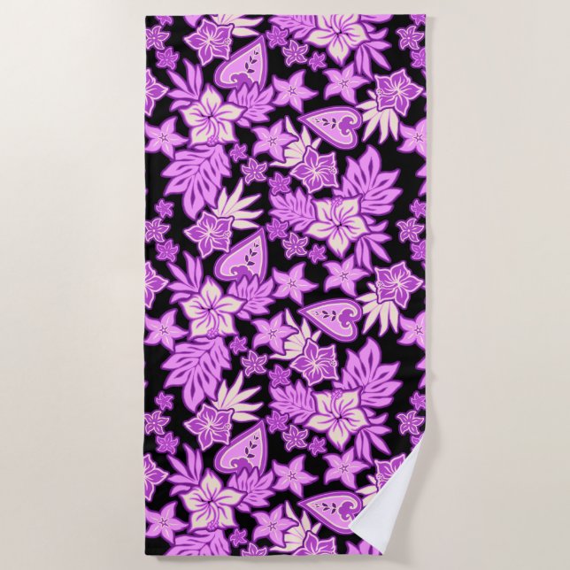 Aloha Heart Hawaiian Hibiscus Tropical- Violet Beach Towel (Front)
