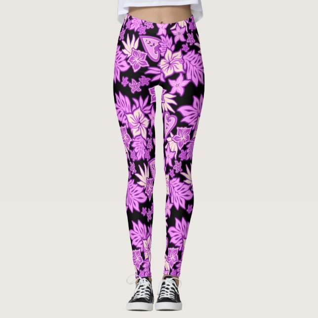 Aloha Heart Hawaiian Hibiscus Tropical Violet Leggings (Front)