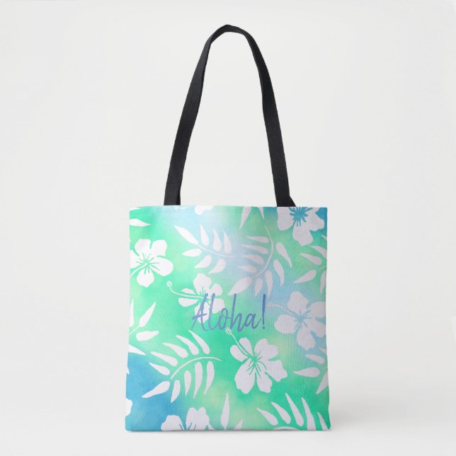 Aloha Hibiscus Green and Blue Floral Tote Bag (Front)