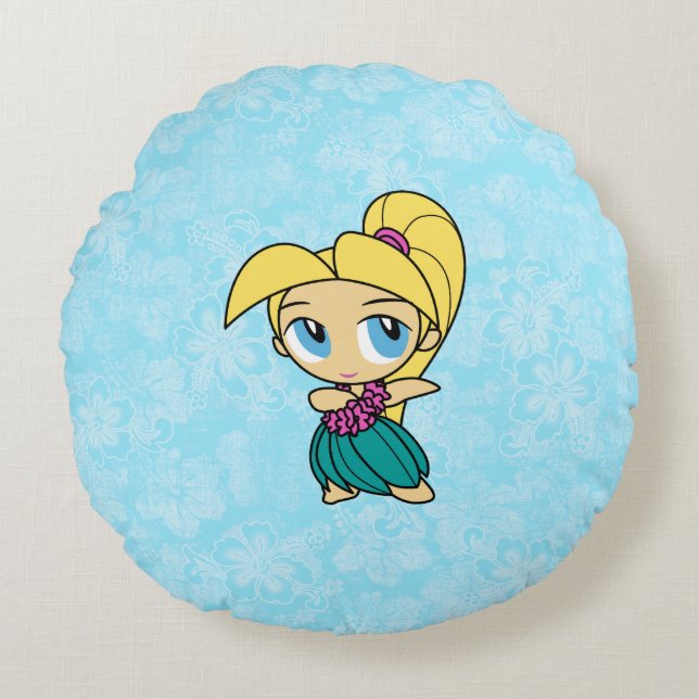 Aloha Honeys Blonde Hula Girl Hawaiian Hibiscus Round Cushion (Front)