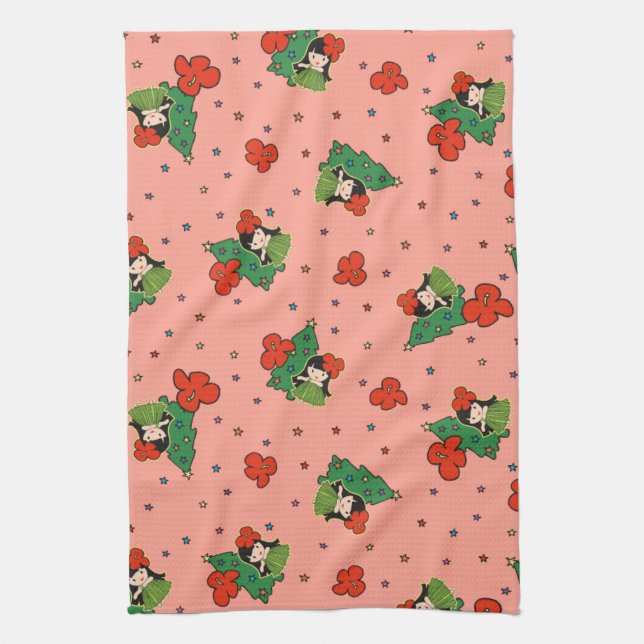 Aloha Honeys Christmas Hawaiian Hula Girl Coral Tea Towel (Vertical)