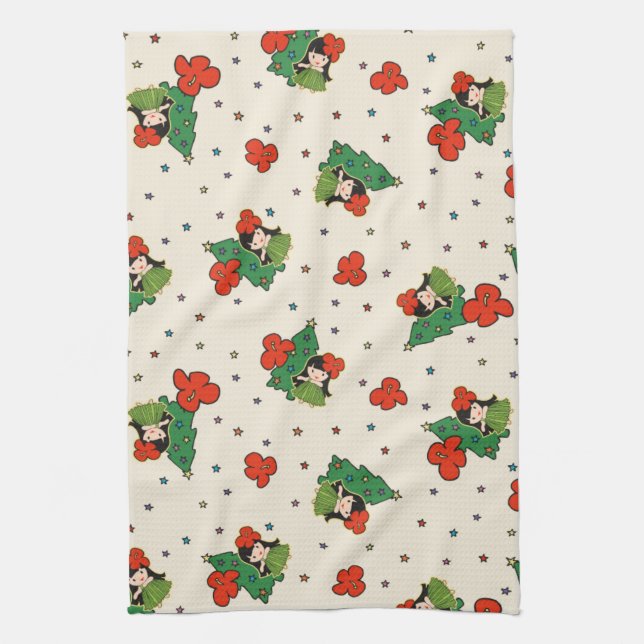 Aloha Honeys Christmas Hawaiian Hula Girl Cream Tea Towel (Vertical)