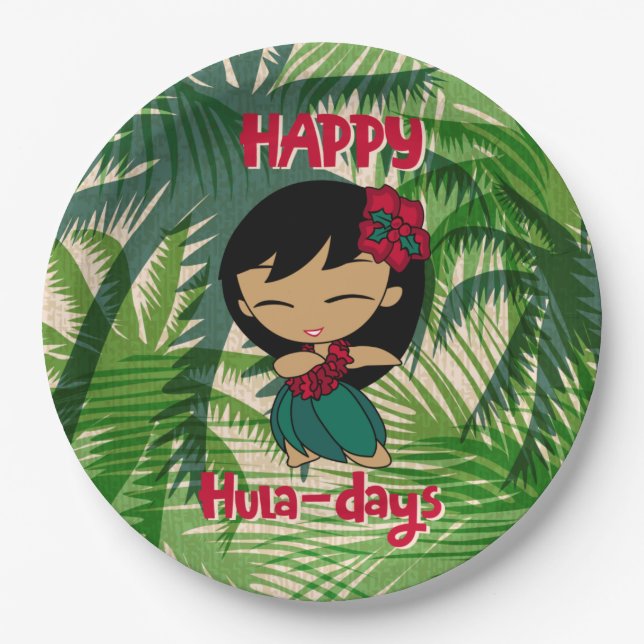  Aloha Honeys Christmas Holiday Hula Girl Palms Paper Plate (Front)