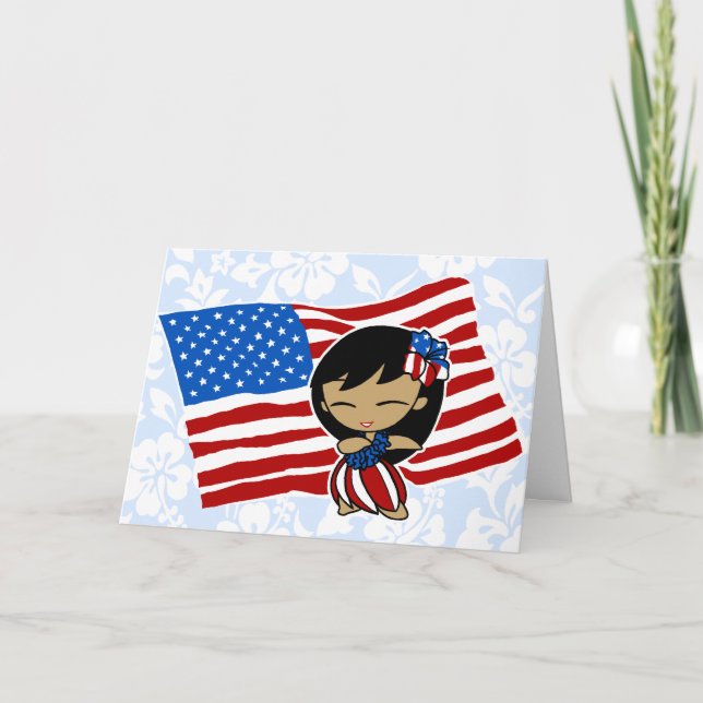 Aloha Honeys USA Flag Hula Girl Greeting Cards (Front)