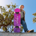 Aloha hot pink purple pineapple pattern script fun skateboard<br><div class="desc">“Aloha”. Bring a bit of the Hawaiian islands to your city streets whenever you use this brightly colored, chic, striking, stylish, modern skateboard sporting crisp, white handwritten script typography over a graphic, pineapple pattern in a vivid purple and hot pink ombre. Makes a fun and stylish statement every time you...</div>