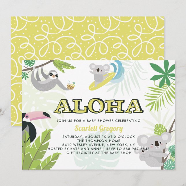 Aloha Koala Tropical Baby Shower Invitation (Front/Back)