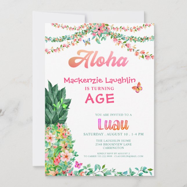 ALOHA Luau Any Birthday Tropical Floral Pineapple Invitation (Front)