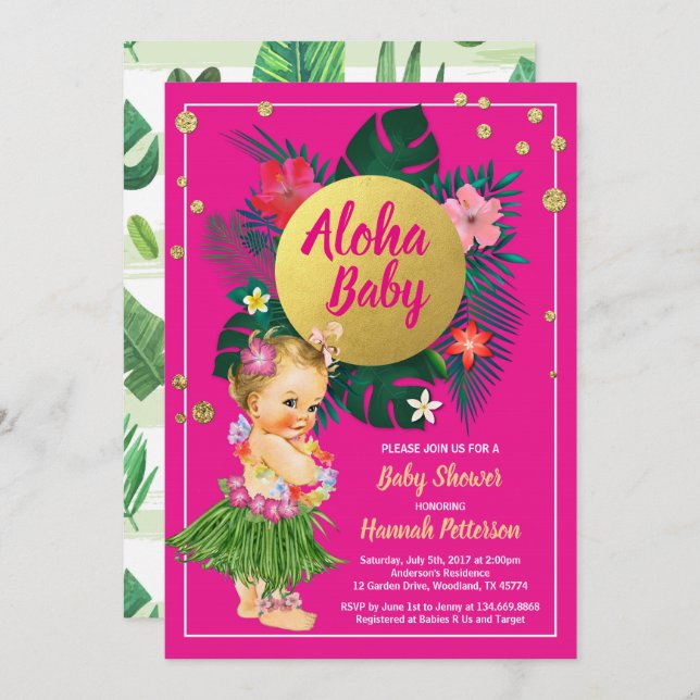 Aloha luau baby girl shower invitation hot pink (Front/Back)