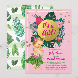 Aloha luau baby girl shower invitation pink gold