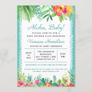 Aloha Luau Baby Shower Tropical Invitation Teal