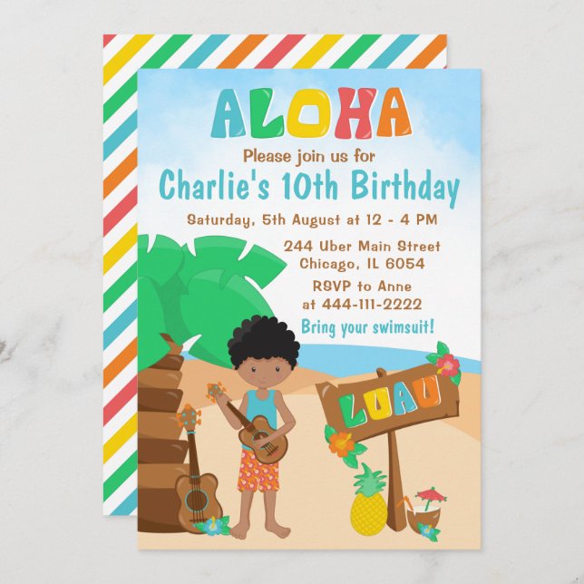 Aloha Luau Beach Birthday African American Boy Inv Invitation (Front/Back)