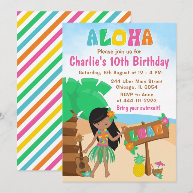 Aloha Luau Beach Birthday African American Girl In Invitation (Front/Back)