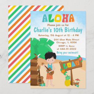 Aloha Luau Beach Birthday Black Hair Boy Invitatio Invitation