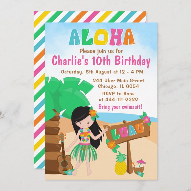 Aloha Luau Beach Birthday Black Hair Girl Invitati Invitation (Front/Back)