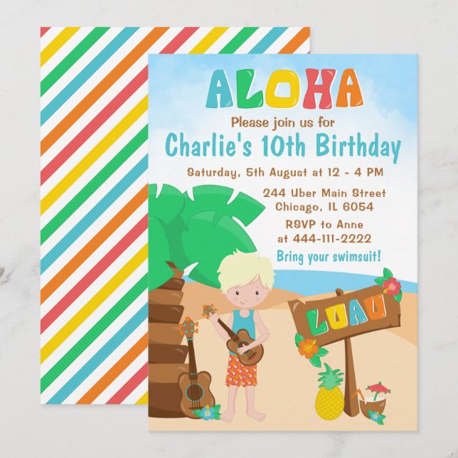 Aloha Luau Beach Birthday Blonde Hair Boy Invitati Invitation (Front/Back)