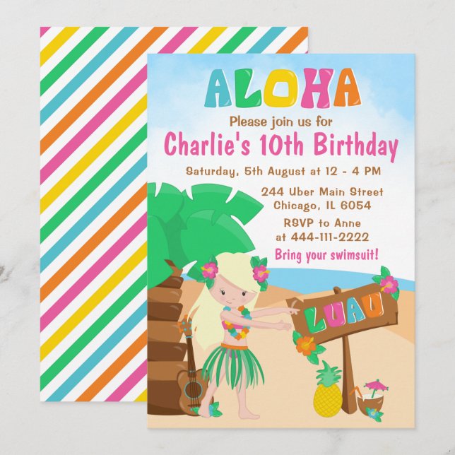 Aloha Luau Beach Birthday Blonde Hair Girl Invitat Invitation (Front/Back)