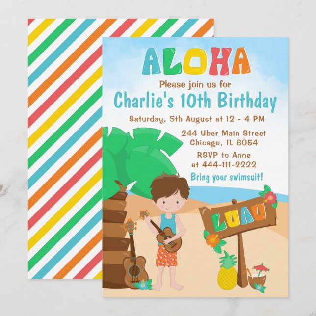 Aloha Luau Beach Birthday Brown Hair Boy Invitatio Invitation (Front/Back)